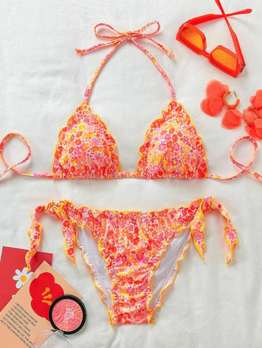 Çiçekli Dantel Pileli Bikini Takımı Niebbla