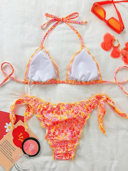 Çiçekli Dantel Pileli Bikini Takımı Niebbla