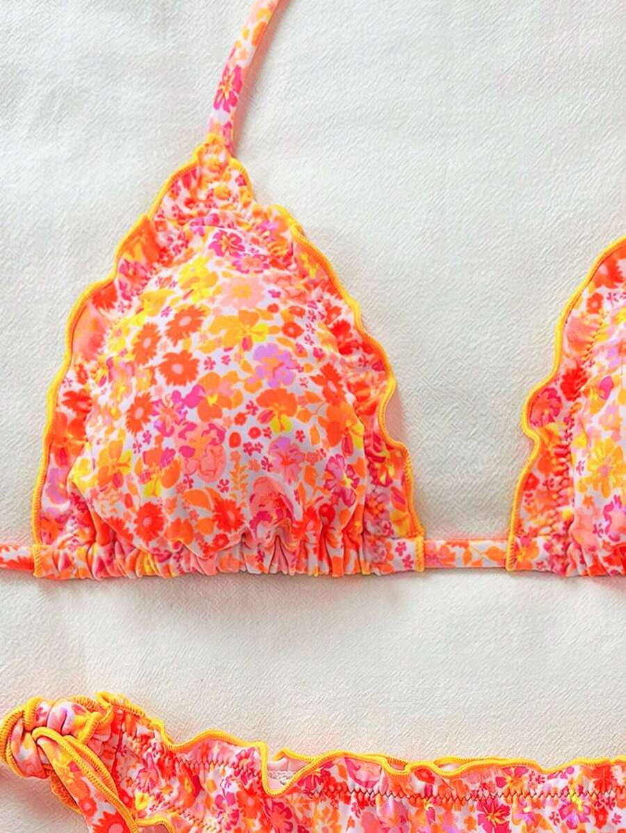 Çiçekli Dantel Pileli Bikini Takımı Niebbla