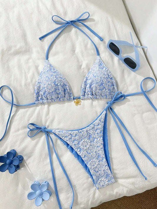 Altın Çiçek Desenli Üçgen Bikini Takımı Niebbla