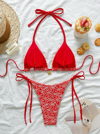 Çiçek Desenli Boyundan Bağlamalı Bikini Ve Bağcıklı Bikini Altı Takımı Niebbla