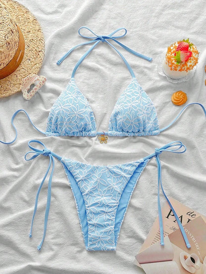 Çiçek Desenli Boyundan Bağlamalı Bikini Ve Bağcıklı Bikini Altı Takımı Niebbla
