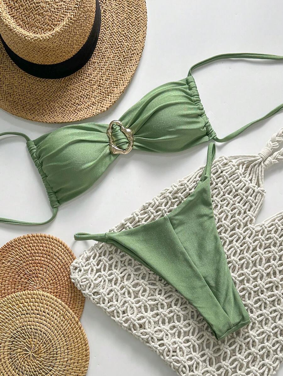 Pembe Straplez Bağcıklı Metal Detaylı Bikini Takımı Niebbla