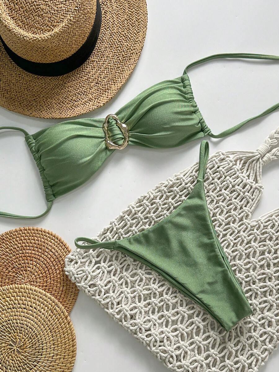 Pembe Straplez Bağcıklı Metal Detaylı Bikini Takımı Niebbla