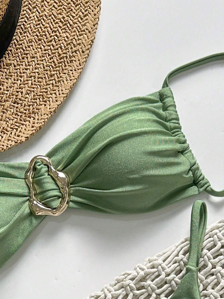 Pembe Straplez Bağcıklı Metal Detaylı Bikini Takımı Niebbla