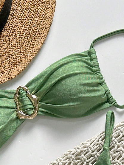 Pembe Straplez Bağcıklı Metal Detaylı Bikini Takımı Niebbla