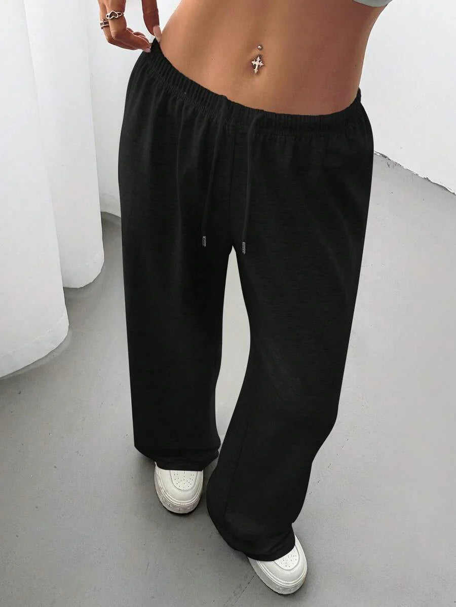 Düz Renk Bağcıklı Bel Düz Paça Jogger Pantolon Niebbla