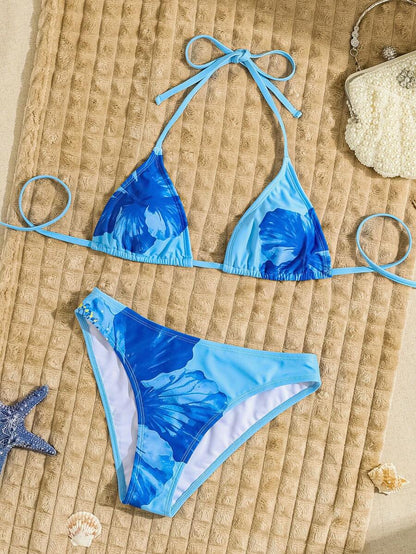Çiçek Desenli Halter Bağcıklı Bikini Takımı Niebbla