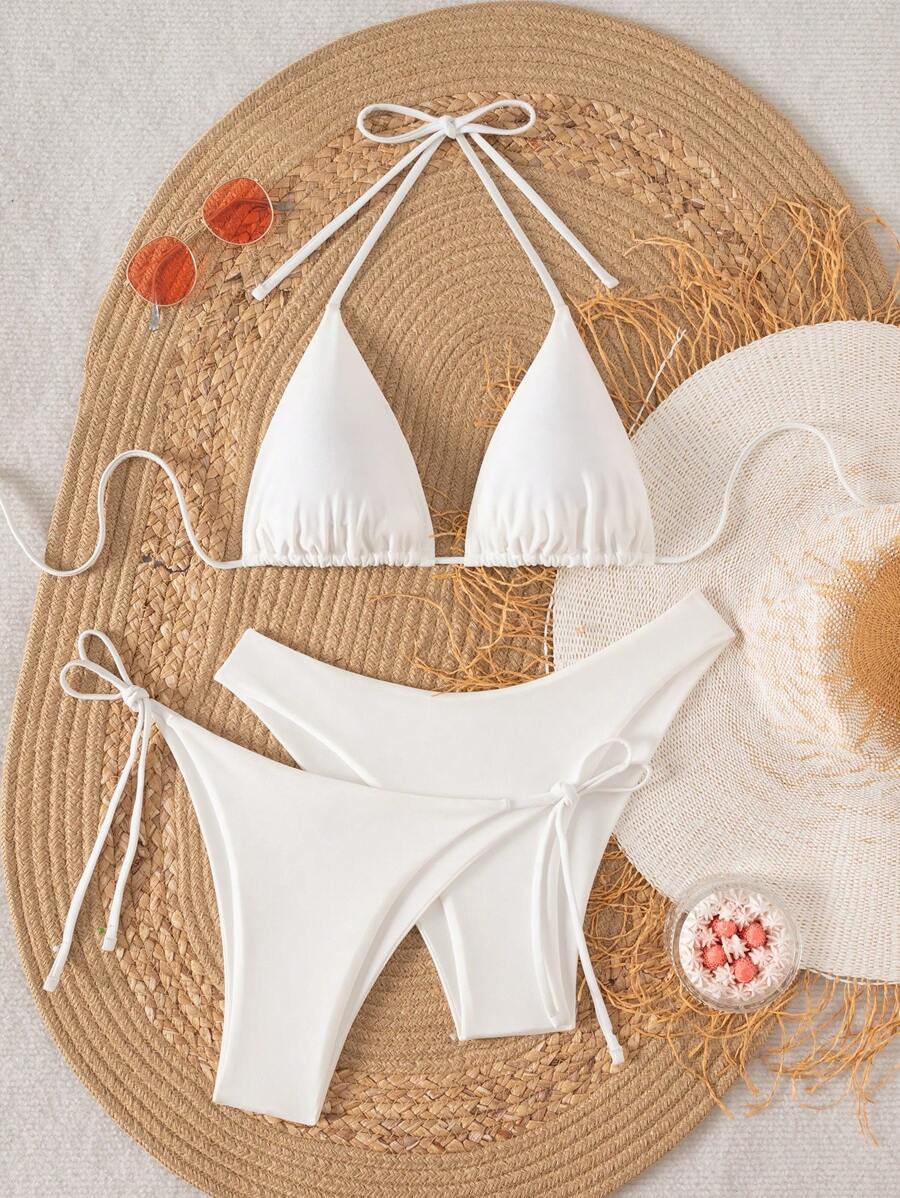 3 Parça Halter Üst + Üçgen Alt + Bağcıklı Şort Bikini Takımı Niebbla