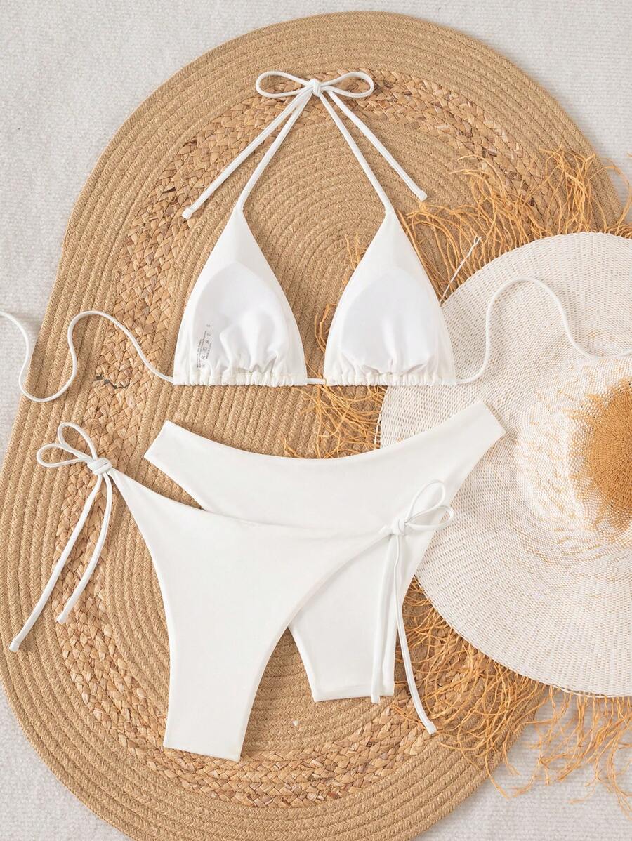 3 Parça Halter Üst + Üçgen Alt + Bağcıklı Şort Bikini Takımı Niebbla