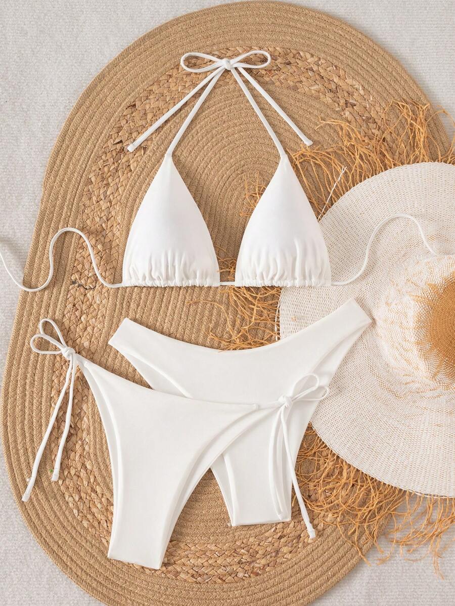 3 Parça Halter Üst + Üçgen Alt + Bağcıklı Şort Bikini Takımı Niebbla