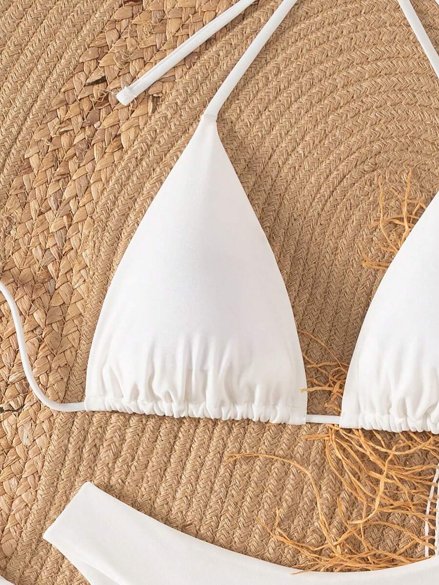 3 Parça Halter Üst + Üçgen Alt + Bağcıklı Şort Bikini Takımı Niebbla