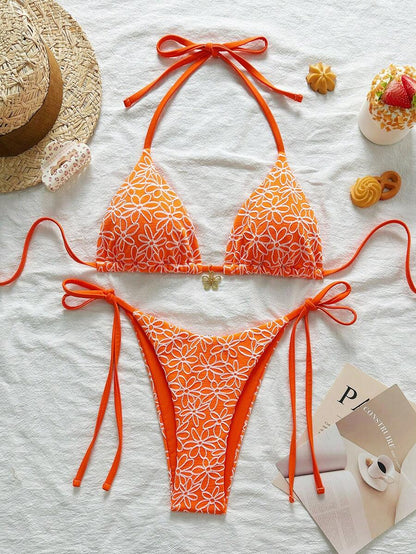 Çiçek Desenli Boyundan Bağlamalı Bikini Ve Bağcıklı Bikini Altı Takımı Niebbla