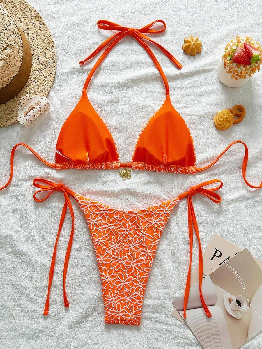 Çiçek Desenli Boyundan Bağlamalı Bikini Ve Bağcıklı Bikini Altı Takımı Niebbla