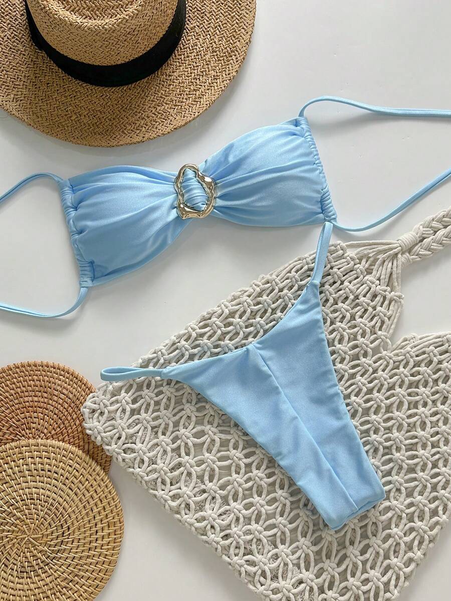 Pembe Straplez Bağcıklı Metal Detaylı Bikini Takımı Niebbla