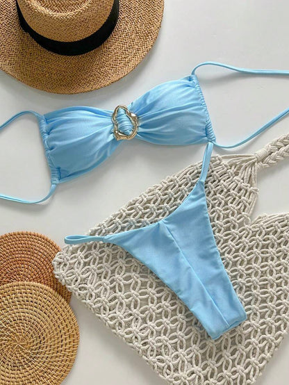 Pembe Straplez Bağcıklı Metal Detaylı Bikini Takımı Niebbla