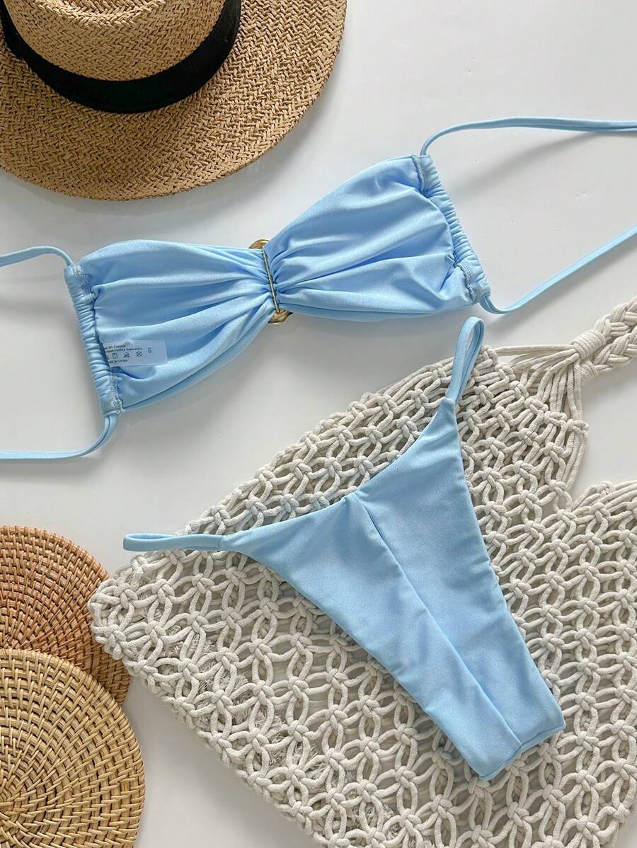 Pembe Straplez Bağcıklı Metal Detaylı Bikini Takımı Niebbla