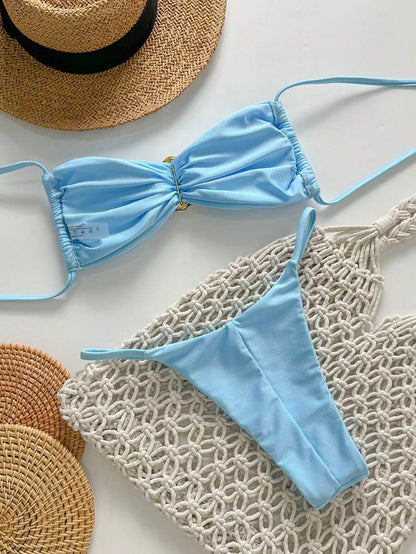 Pembe Straplez Bağcıklı Metal Detaylı Bikini Takımı Niebbla