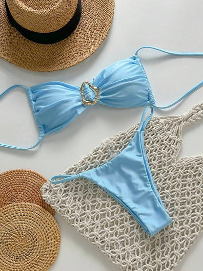 Pembe Straplez Bağcıklı Metal Detaylı Bikini Takımı Niebbla