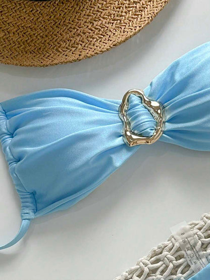 Pembe Straplez Bağcıklı Metal Detaylı Bikini Takımı Niebbla