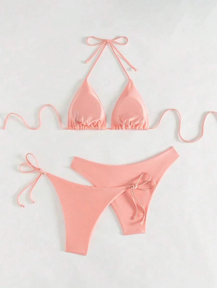 3 Parça Halter Üst + Üçgen Alt + Bağcıklı Şort Bikini Takımı Niebbla