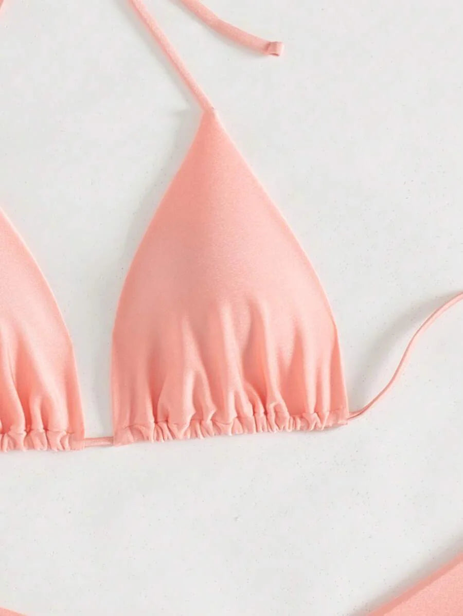 3 Parça Halter Üst + Üçgen Alt + Bağcıklı Şort Bikini Takımı Niebbla