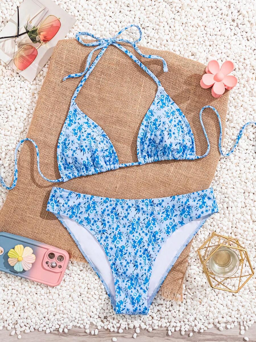 Çiçek Desenli Halter Bağcıklı Bikini Takımı Niebbla