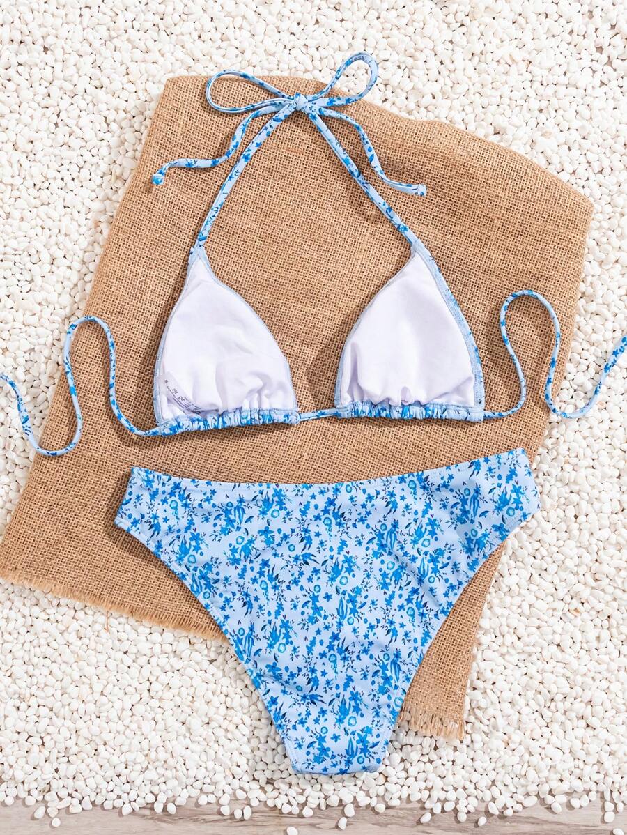Çiçek Desenli Halter Bağcıklı Bikini Takımı Niebbla