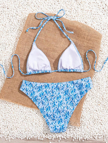 Çiçek Desenli Halter Bağcıklı Bikini Takımı Niebbla