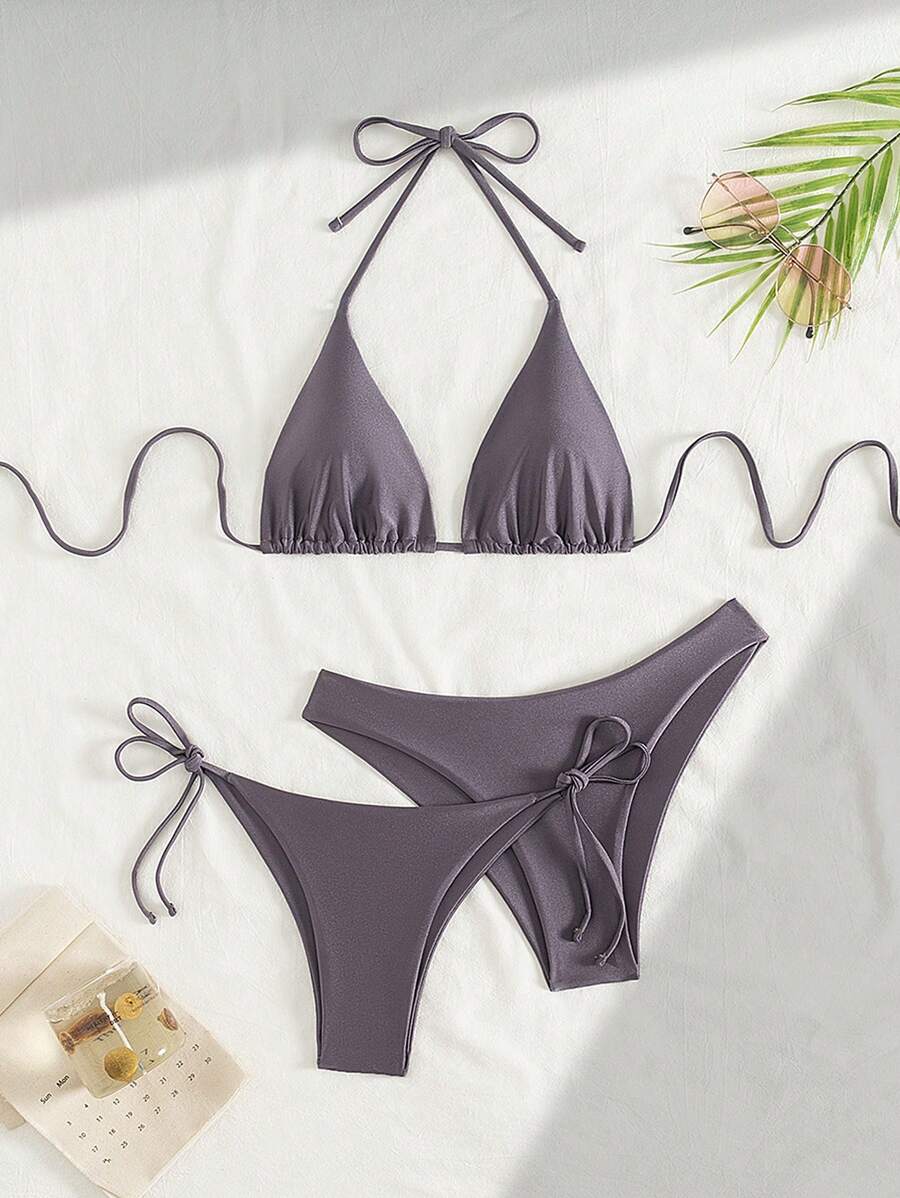 3 Parça Halter Üst + Üçgen Alt + Bağcıklı Şort Bikini Takımı Niebbla