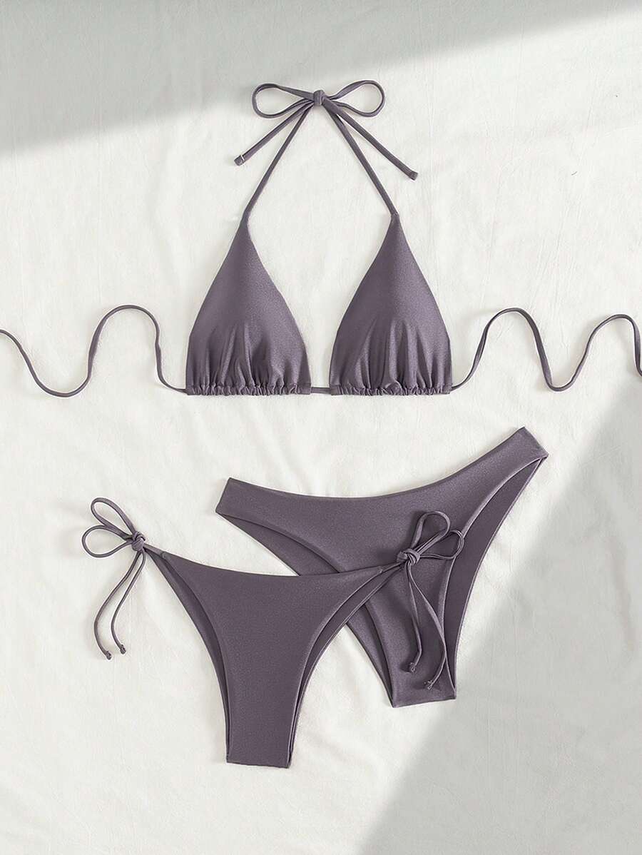 3 Parça Halter Üst + Üçgen Alt + Bağcıklı Şort Bikini Takımı Niebbla