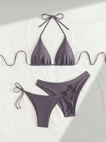 3 Parça Halter Üst + Üçgen Alt + Bağcıklı Şort Bikini Takımı Niebbla