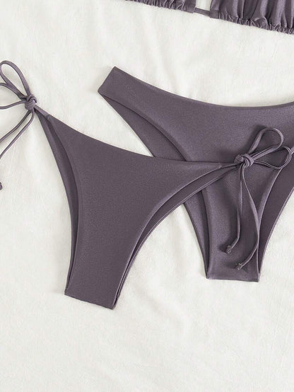 3 Parça Halter Üst + Üçgen Alt + Bağcıklı Şort Bikini Takımı Niebbla