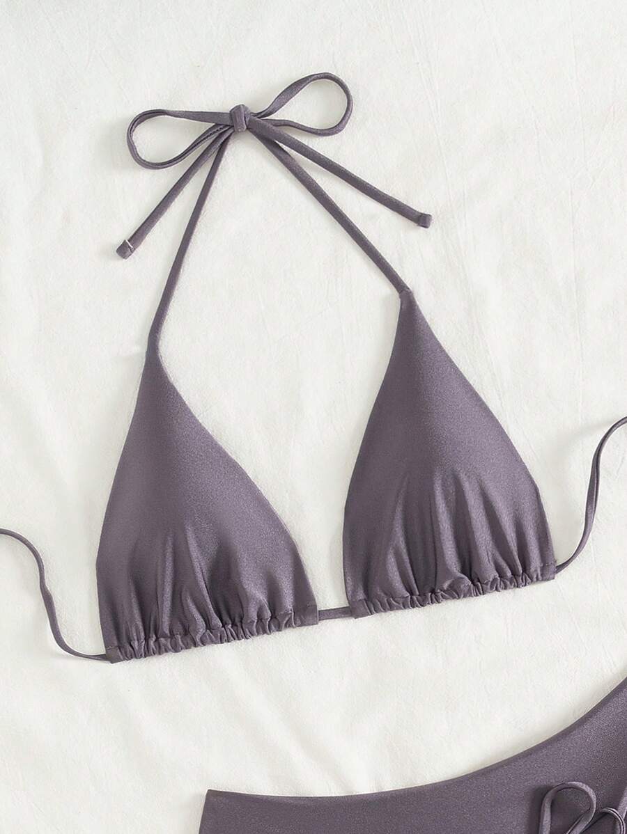 3 Parça Halter Üst + Üçgen Alt + Bağcıklı Şort Bikini Takımı Niebbla