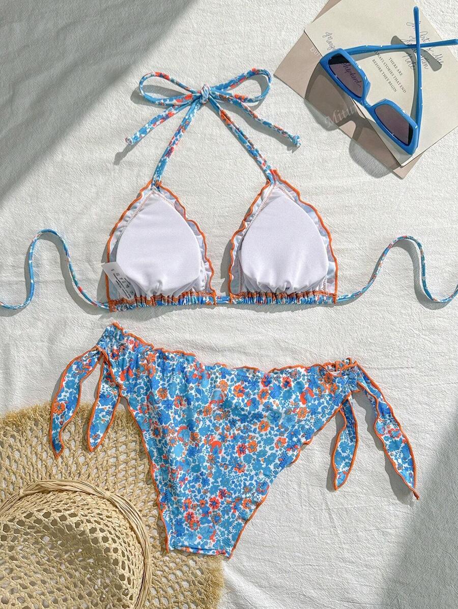 Çiçekli Dantel Pileli Bikini Takımı Niebbla