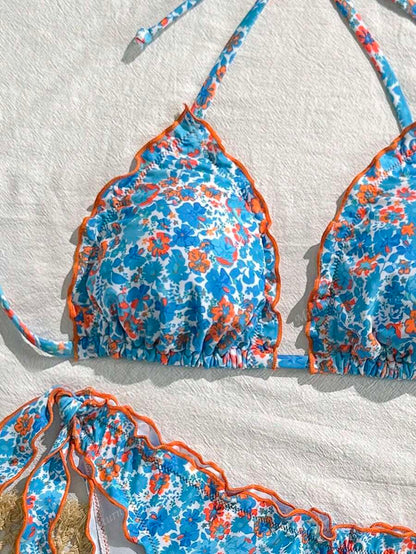 Çiçekli Dantel Pileli Bikini Takımı Niebbla