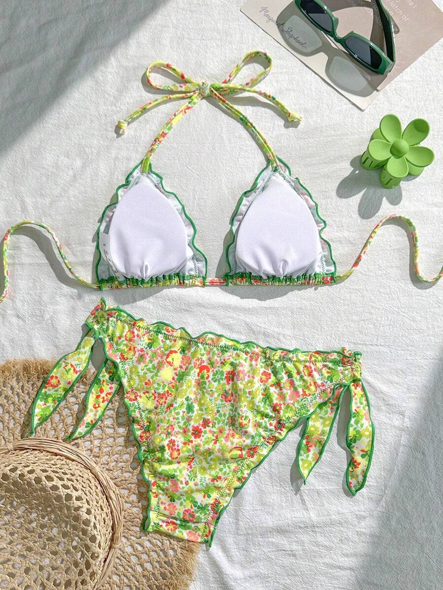 Çiçekli Dantel Pileli Bikini Takımı Niebbla