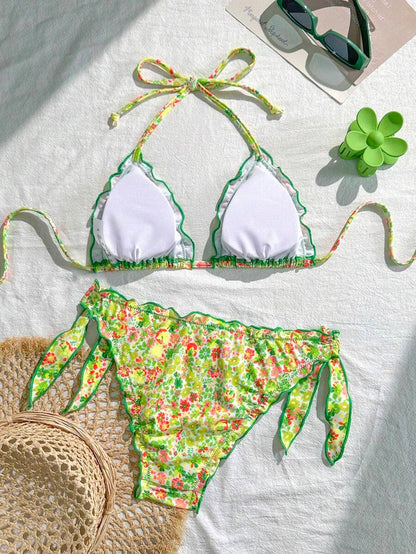 Çiçekli Dantel Pileli Bikini Takımı Niebbla