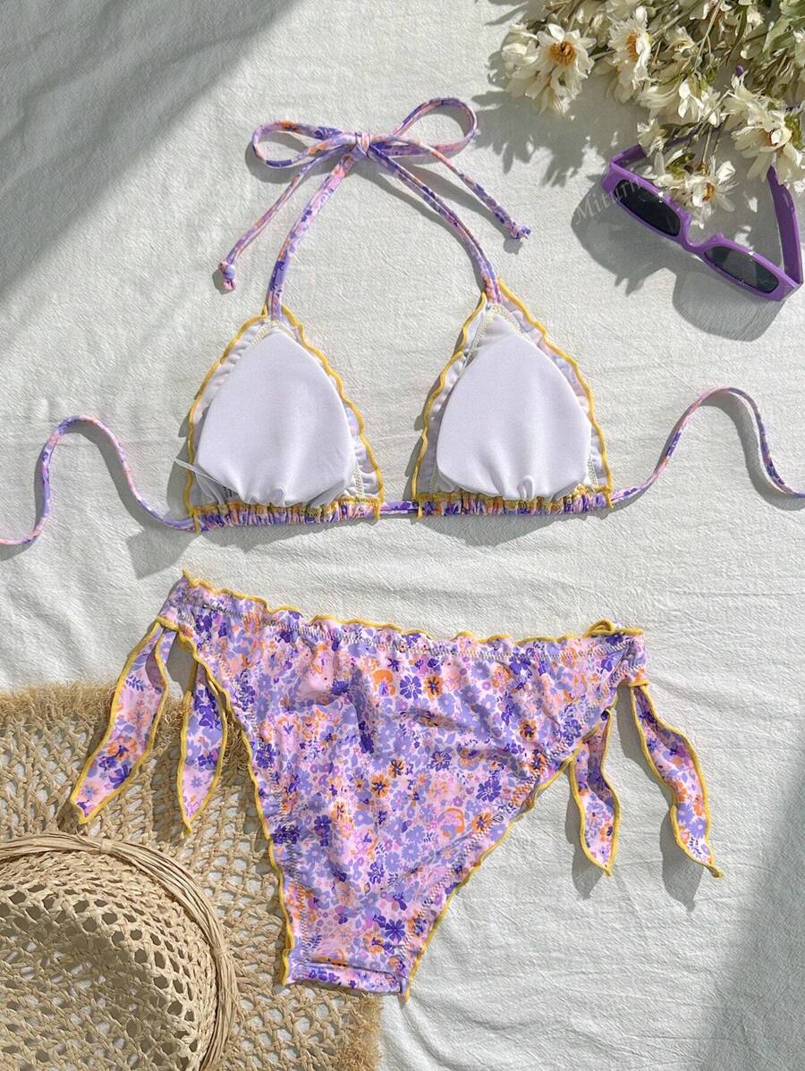 Çiçekli Dantel Pileli Bikini Takımı Niebbla