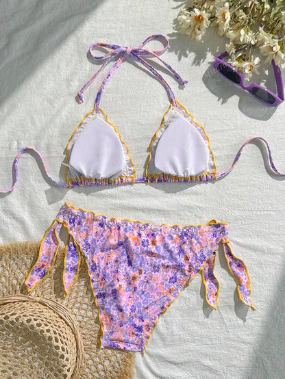 Çiçekli Dantel Pileli Bikini Takımı Niebbla