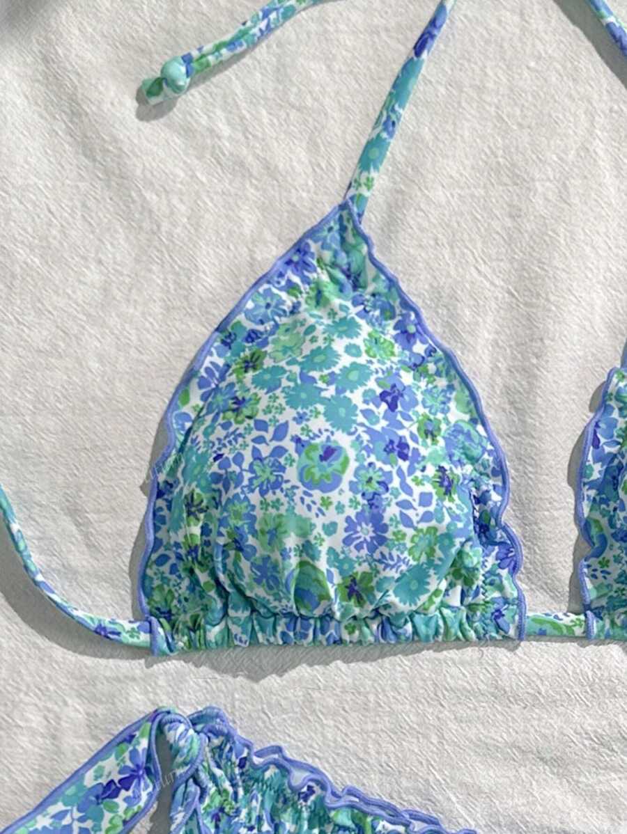 Çiçekli Dantel Pileli Bikini Takımı Niebbla