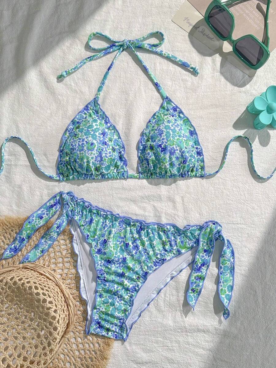 Çiçekli Dantel Pileli Bikini Takımı Niebbla