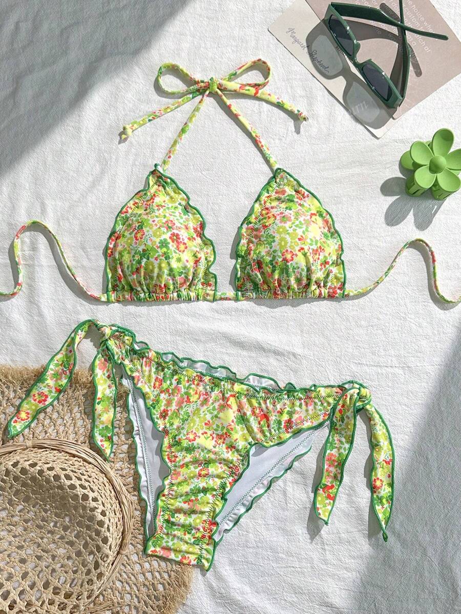 Çiçekli Dantel Pileli Bikini Takımı Niebbla