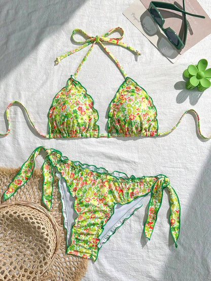 Çiçekli Dantel Pileli Bikini Takımı Niebbla