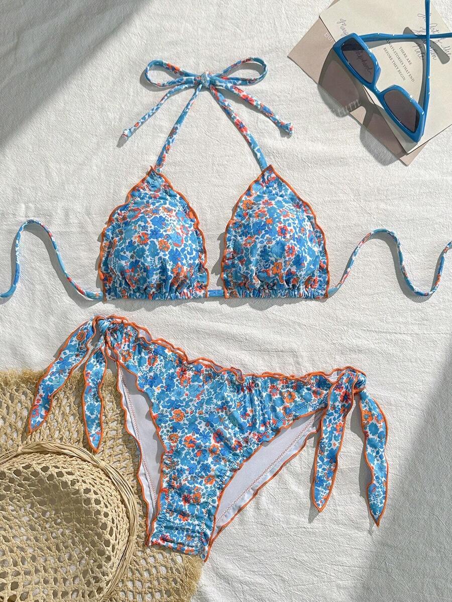 Çiçekli Dantel Pileli Bikini Takımı Niebbla