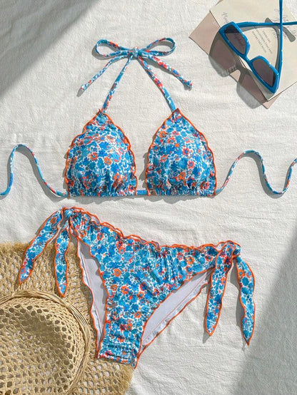 Çiçekli Dantel Pileli Bikini Takımı Niebbla