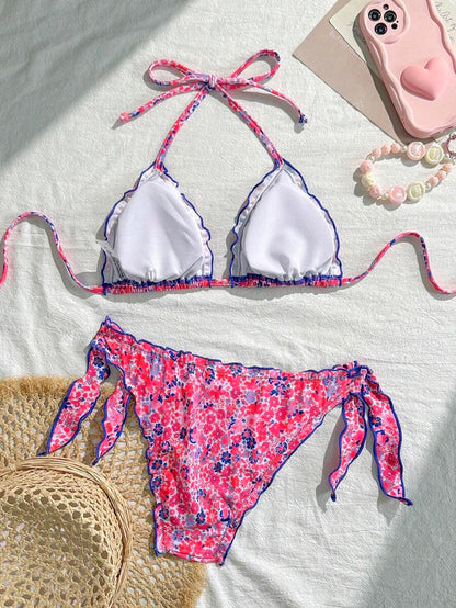 Çiçekli Dantel Pileli Bikini Takımı Niebbla