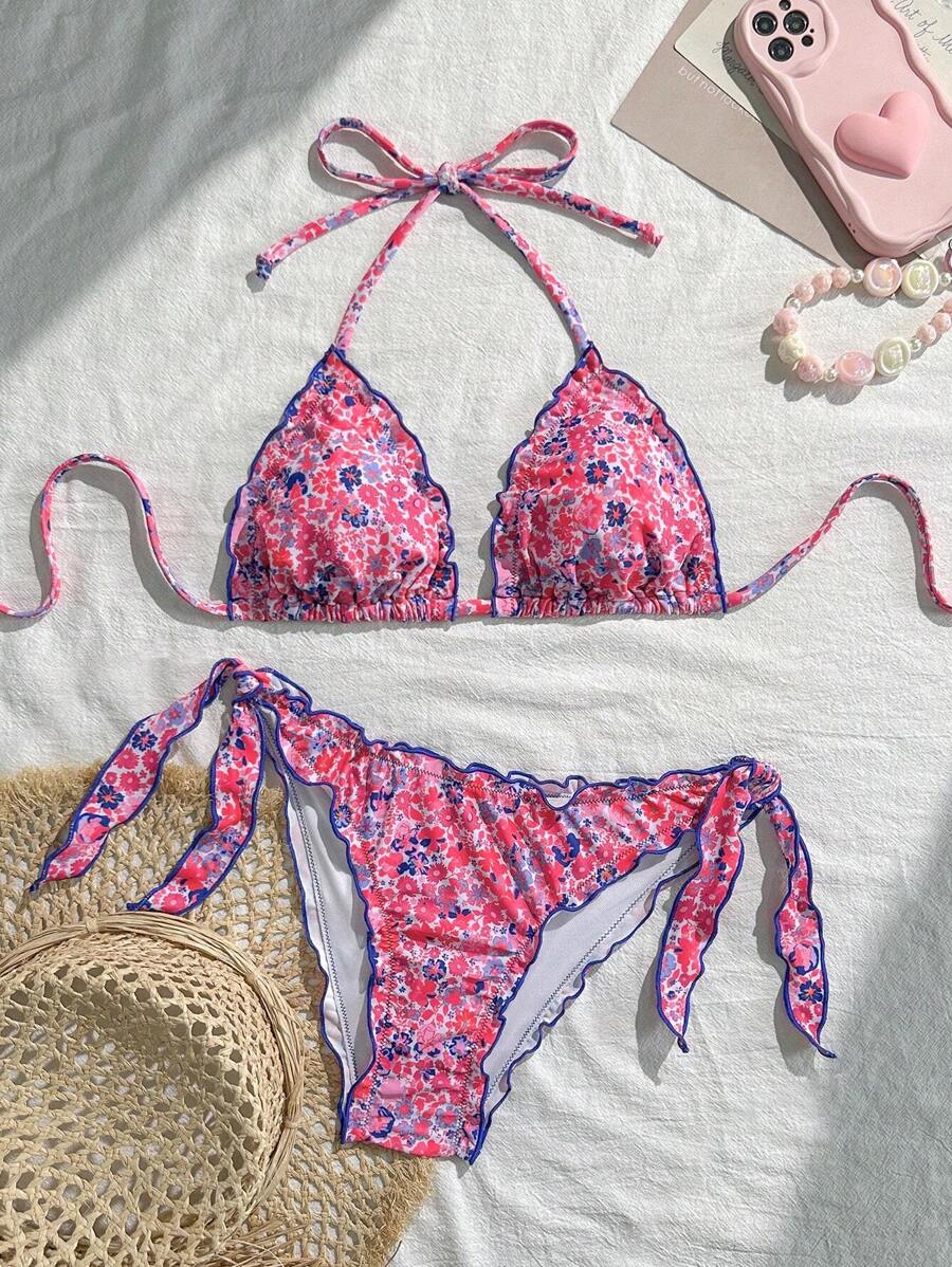 Çiçekli Dantel Pileli Bikini Takımı Niebbla