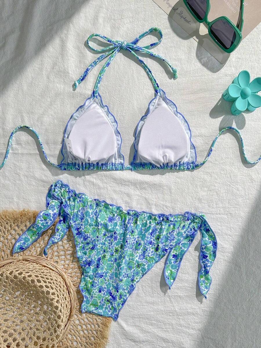 Çiçekli Dantel Pileli Bikini Takımı Niebbla