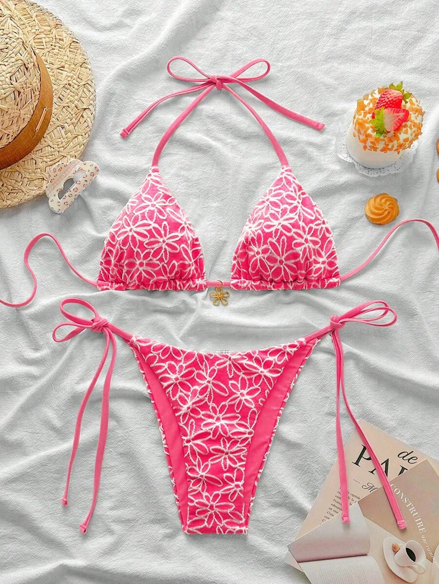Çiçek Desenli Boyundan Bağlamalı Bikini Ve Bağcıklı Bikini Altı Takımı Niebbla